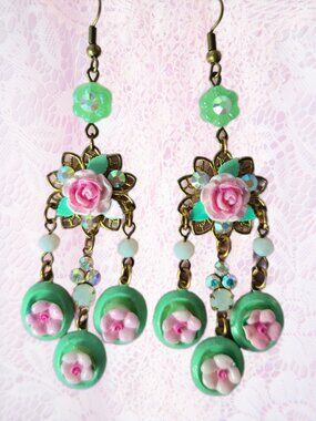 Handmade Rose Chandelier Earrings  Pink Cherry Blossom Cameos Romantic Coquette
